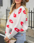Fuzzy Knit Lip Motif Crewneck Sweater - White