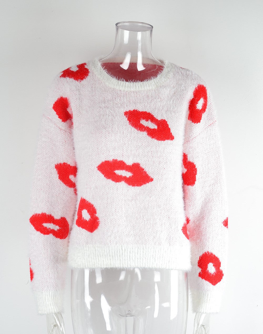 Fuzzy Knit Lip Motif Crewneck Sweater - White - 2
