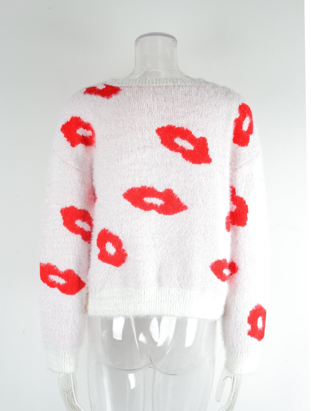 Fuzzy Knit Lip Motif Crewneck Sweater - White - 3