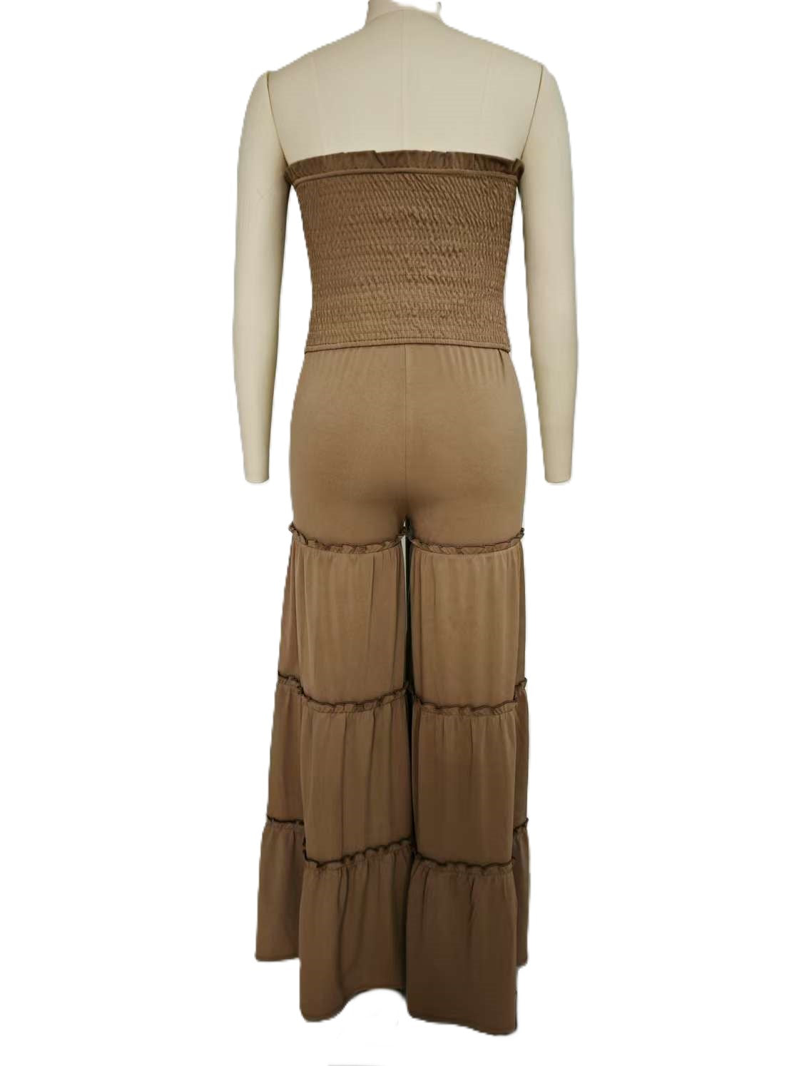 Smocked Bandeau And Tiered Wide Leg Set - Brown - 1