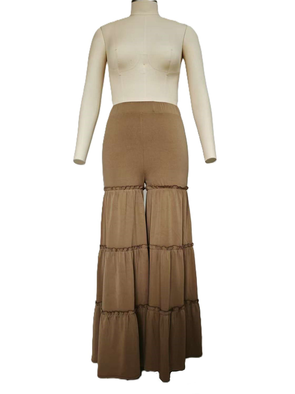 Smocked Bandeau And Tiered Wide Leg Set - Brown - 2