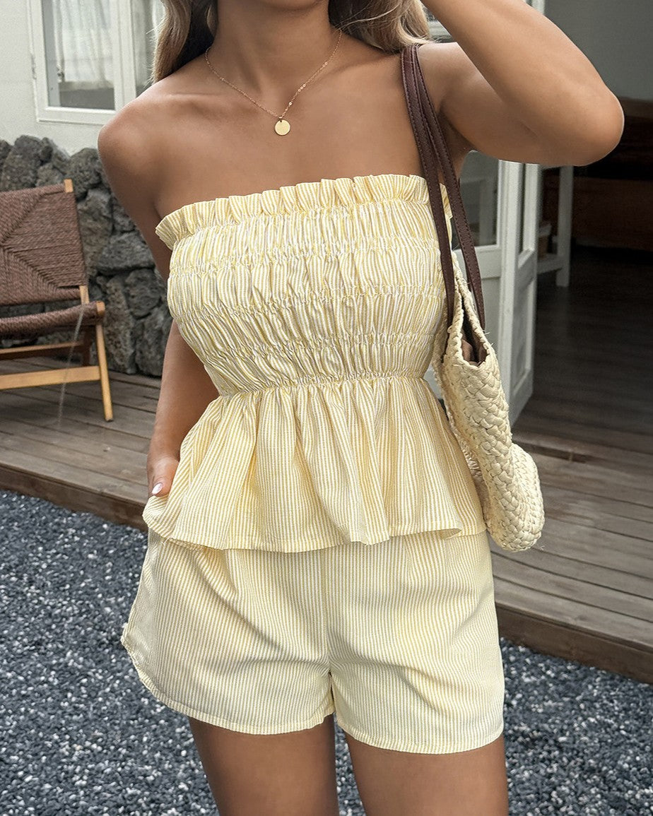 Strapless Smocked Peplum Top And Shorts Set - Yellow