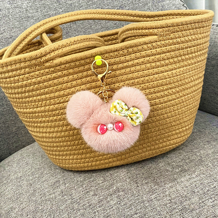 Plush Doll Head Bow Bag Charm - Darkpink