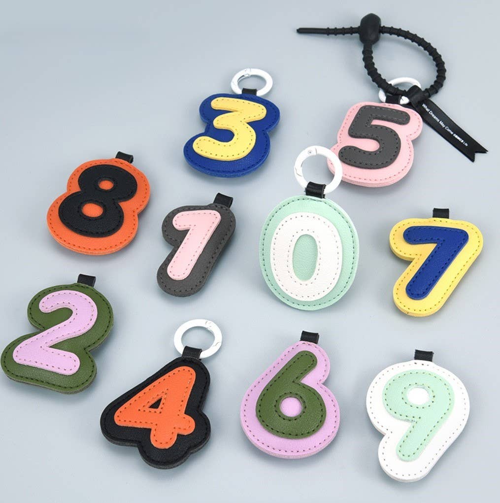 Retro Number Leather Bag Charm Keyring