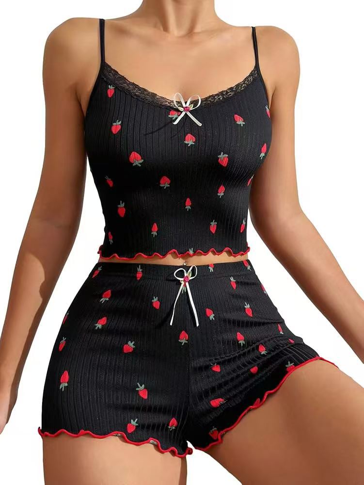 Lace Trim Strawberry Cami Short Pyjama Set - Black