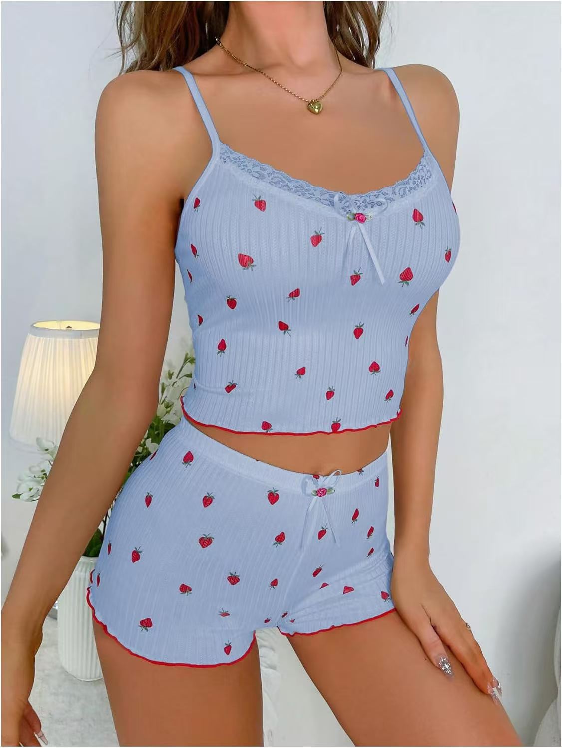 Lace Trim Strawberry Cami Short Pyjama Set - Blue