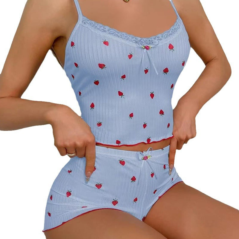 Lace Trim Strawberry Cami Short Pyjama Set - Blue - 1