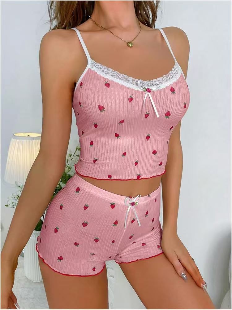 Lace Trim Strawberry Cami Short Pyjama Set - Pink