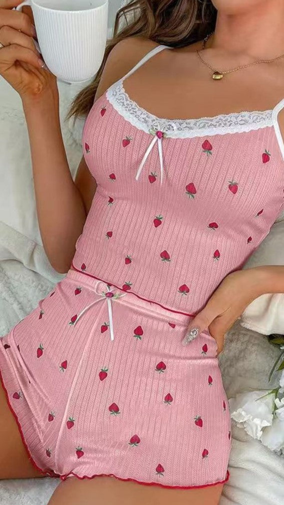 Lace Trim Strawberry Cami Short Pyjama Set - Pink - 1