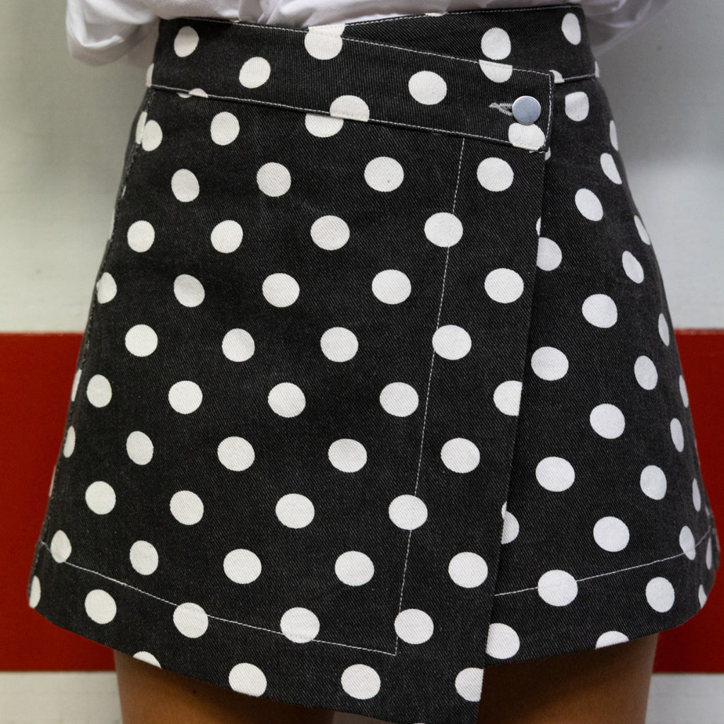 Polka Dot Asymmetric Wrap Mini Skirt - Black - 1