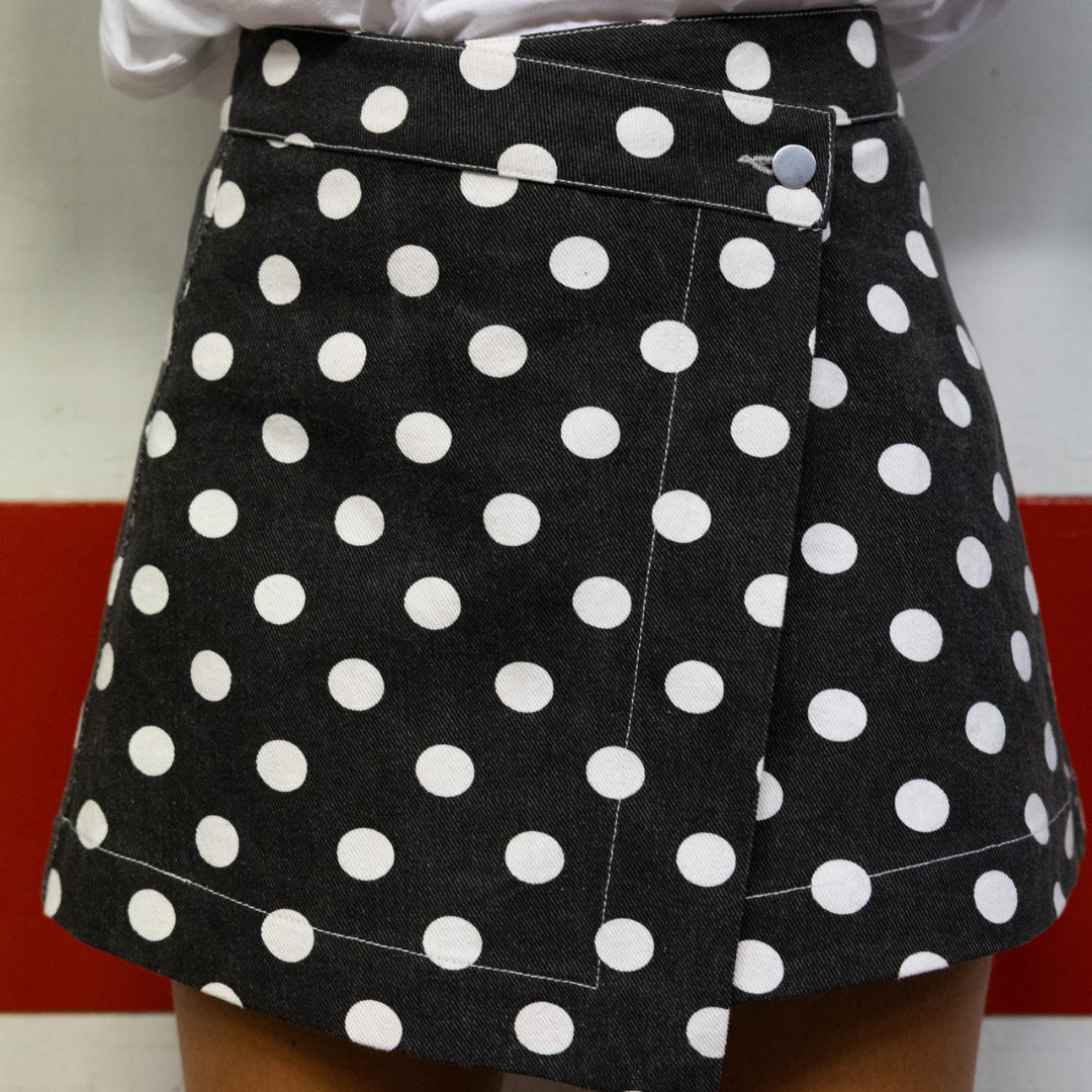 Polka Dot Asymmetric Wrap Mini Skirt - Black - 1