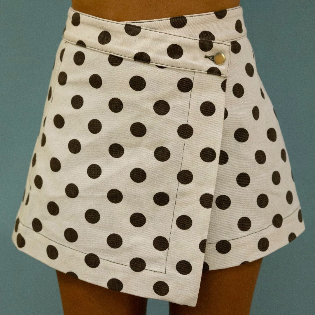 Polka Dot Asymmetric Wrap Mini Skirt - White