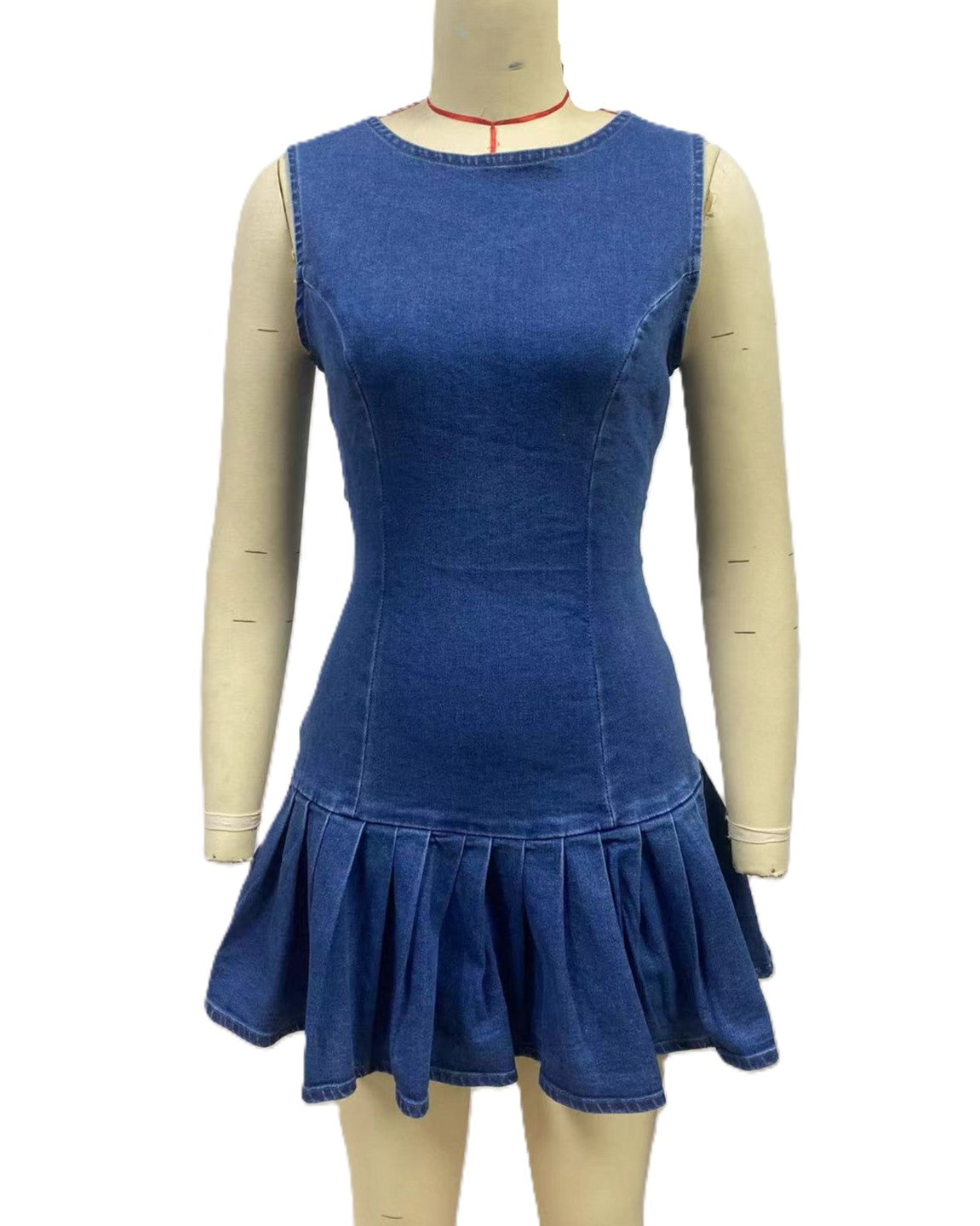 Backless Bow Tie Pleated Denim Mini Dress - Blue - 1