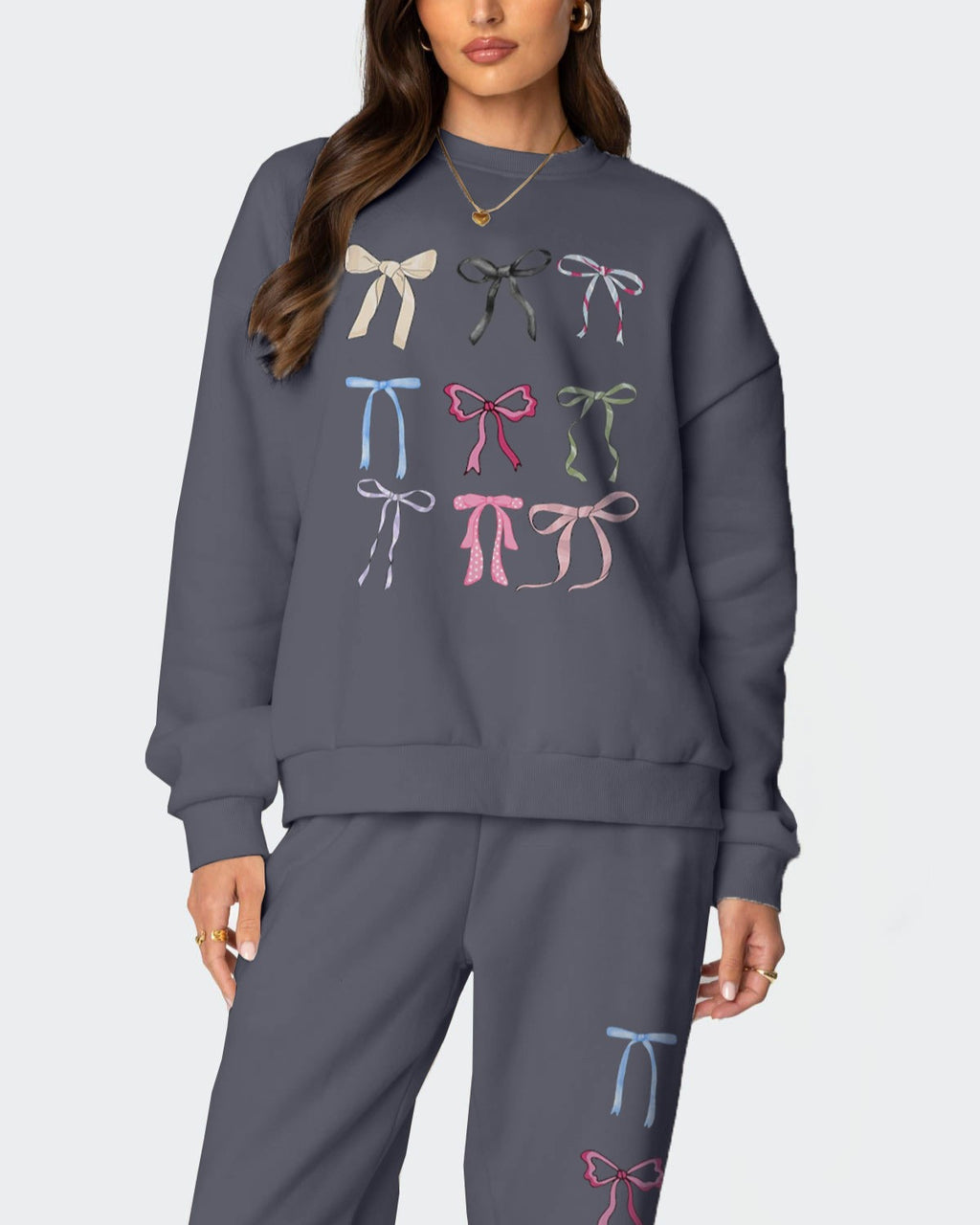Bow Print Sweatshirt and Joggers Set - Grey - 3