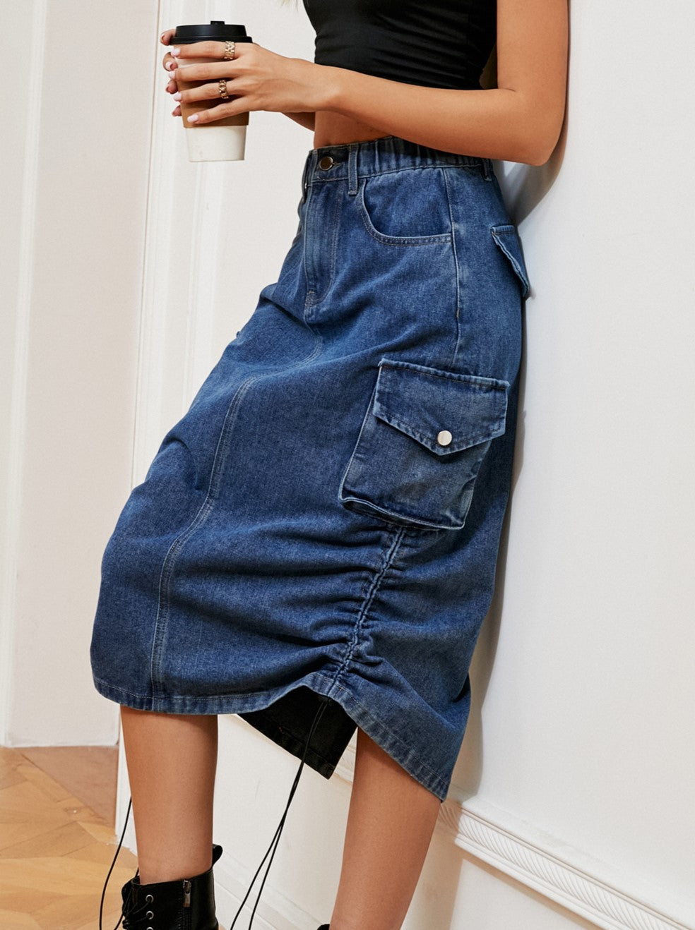 Cargo Midi Skirt With Drawstring Ruched Hem - Blue - 2
