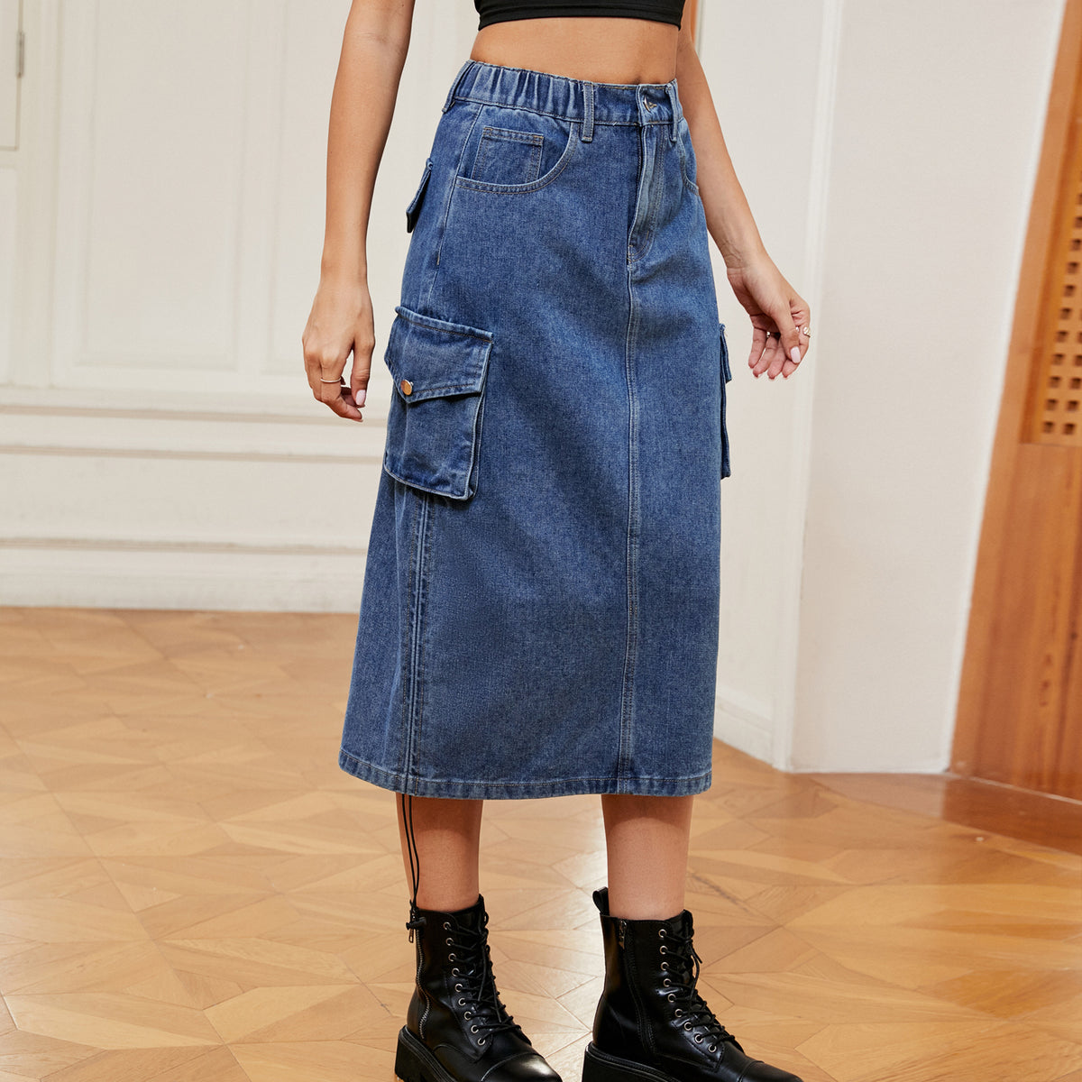 Cargo Midi Skirt With Drawstring Ruched Hem - Blue - 3