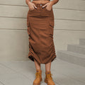 Cargo Midi Skirt With Drawstring Ruched Hem - Brown
