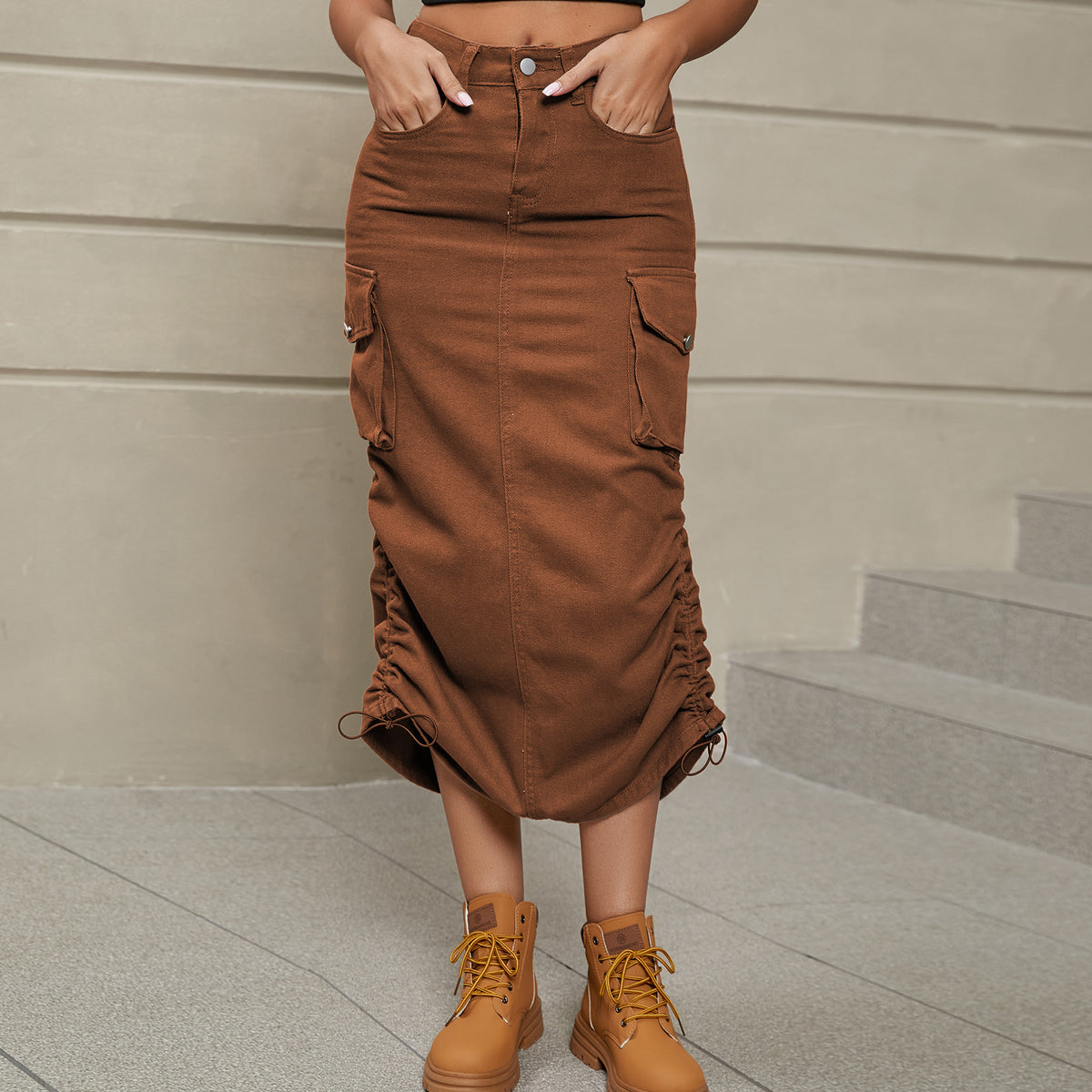 Cargo Midi Skirt With Drawstring Ruched Hem - Brown