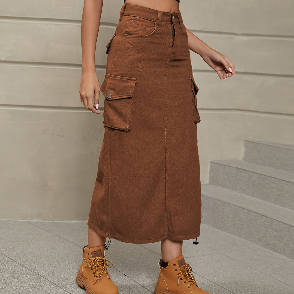 Cargo Midi Skirt With Drawstring Ruched Hem - Brown - 2