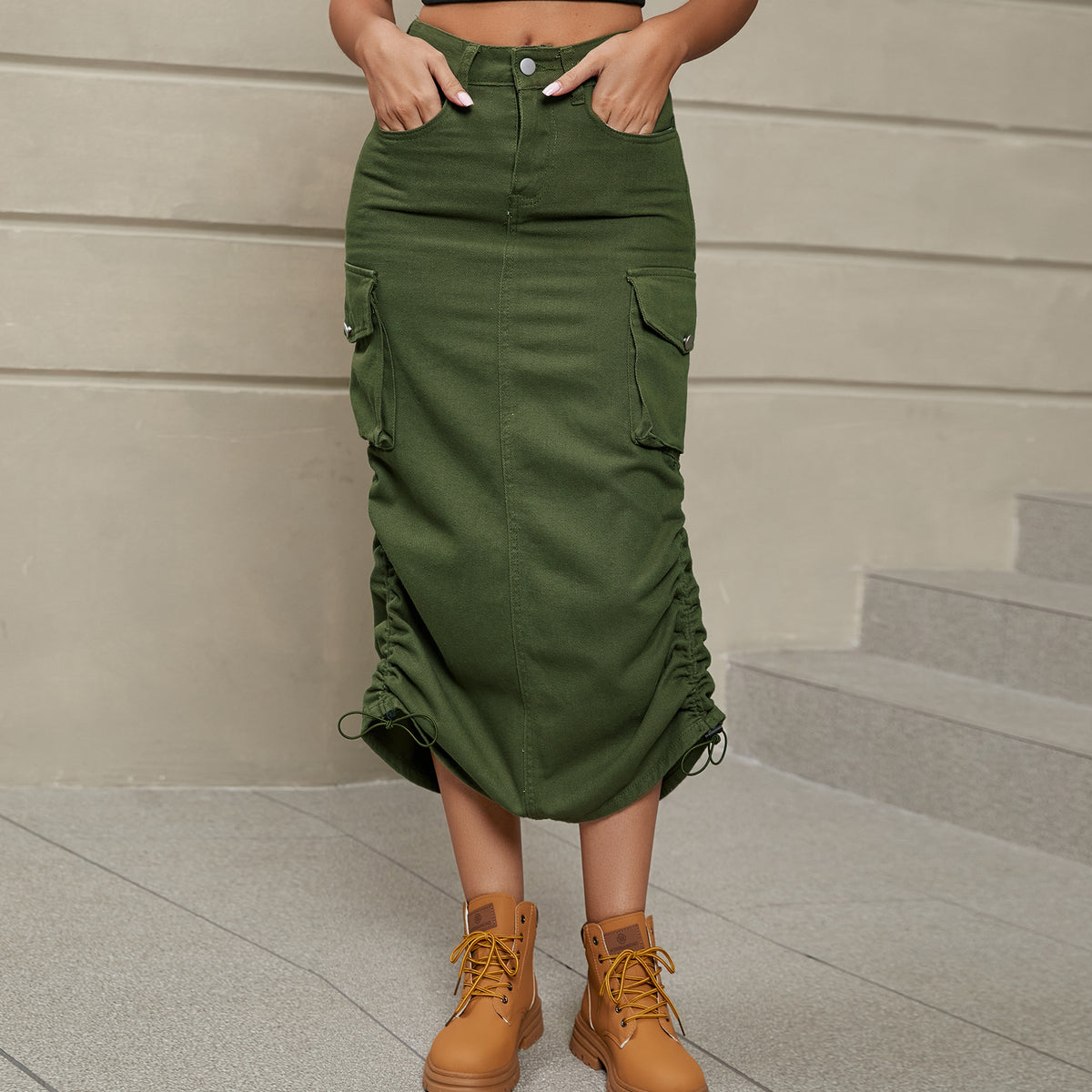 Cargo Midi Skirt With Drawstring Ruched Hem - Green