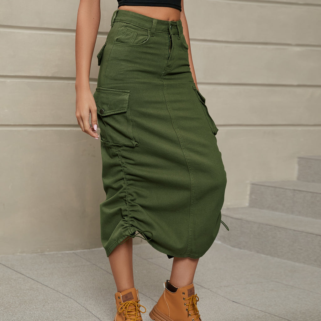 Cargo Midi Skirt With Drawstring Ruched Hem - Green - 1