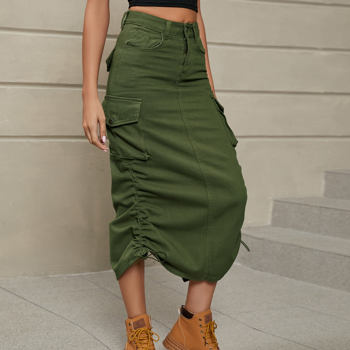 Cargo Midi Skirt With Drawstring Ruched Hem - Green - 1