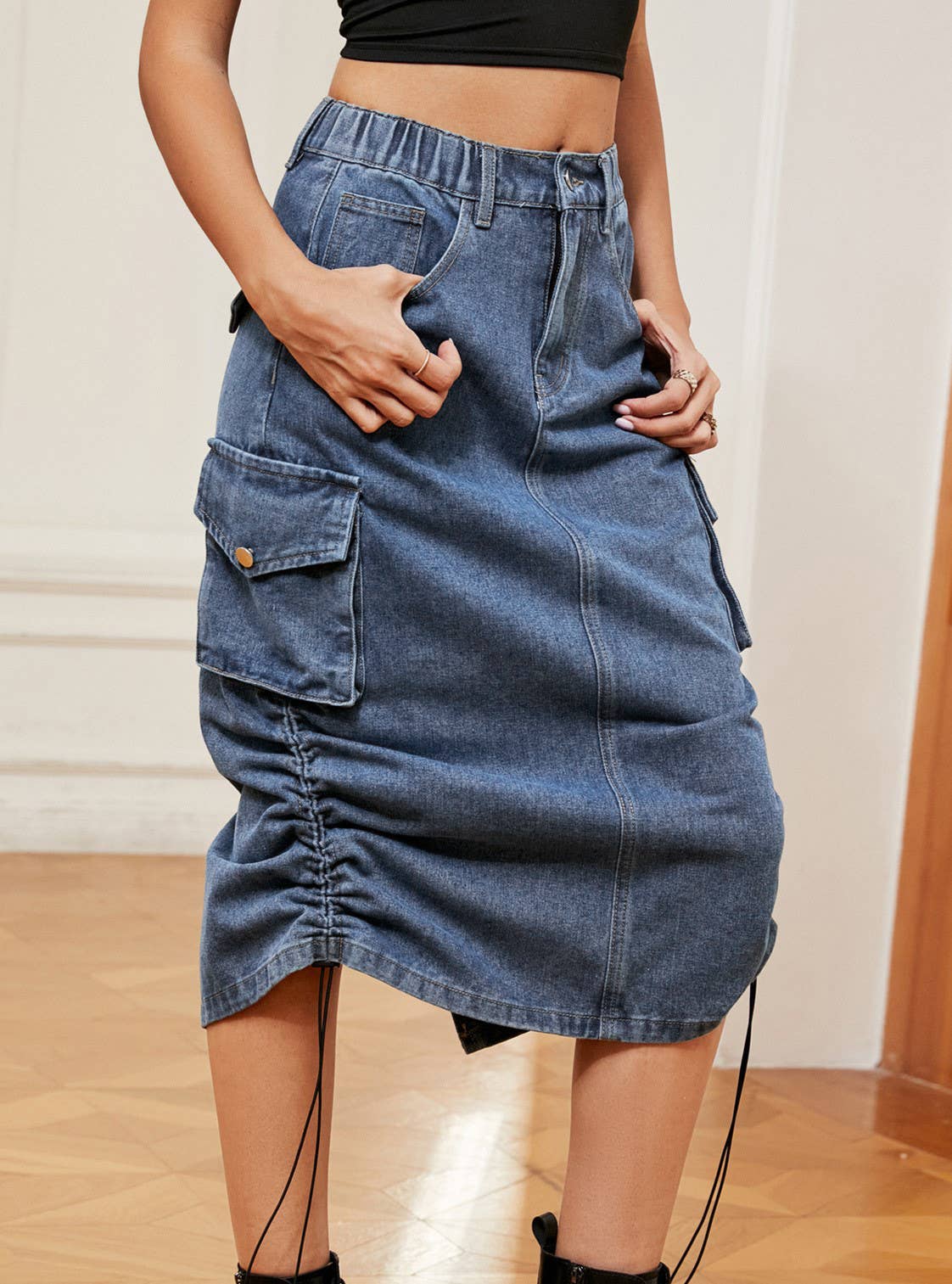 Cargo Midi Skirt With Drawstring Ruched Hem