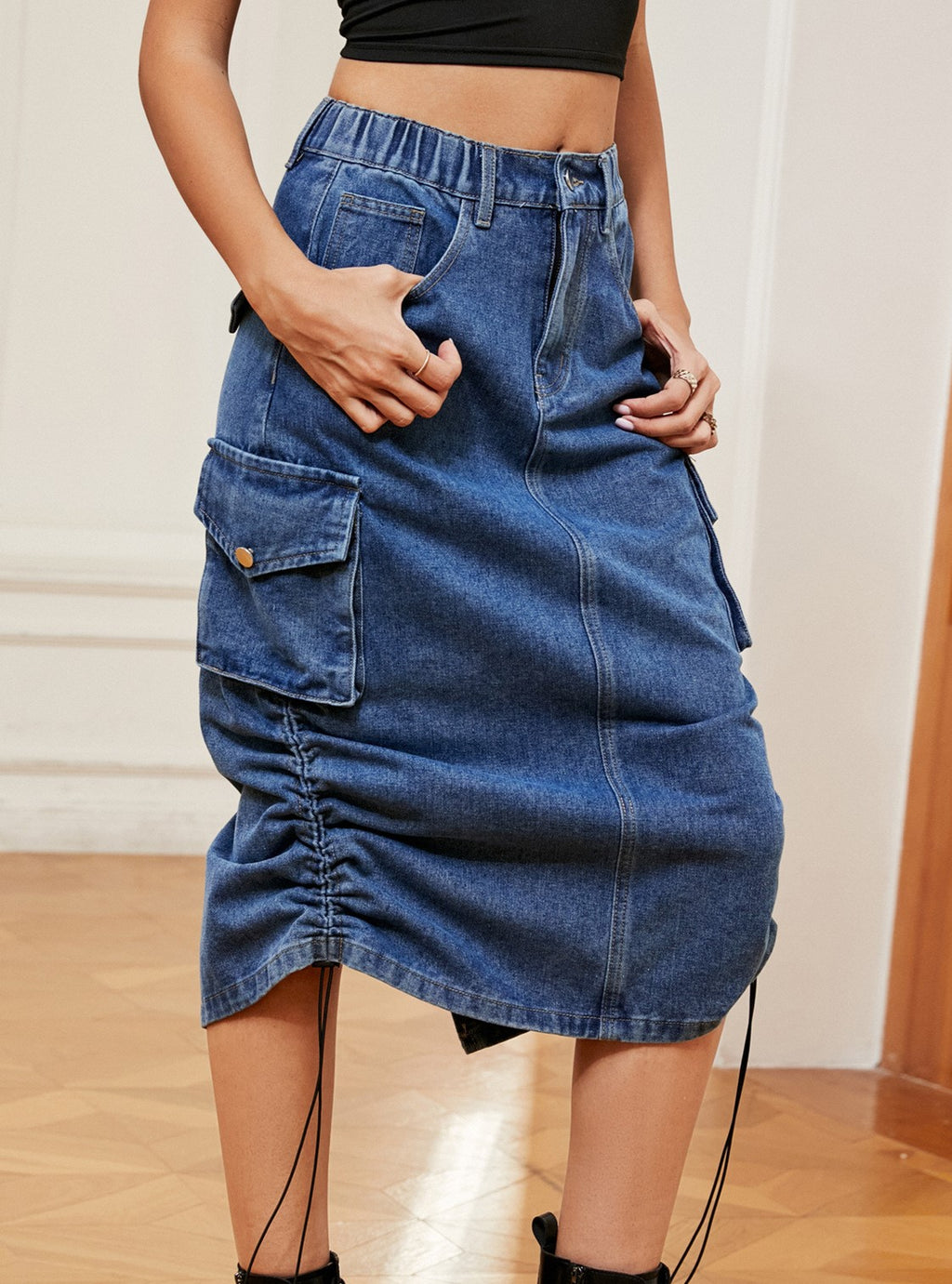 Cargo Midi Skirt With Drawstring Ruched Hem - view 1