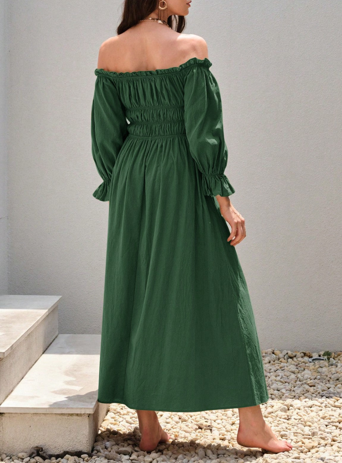 Off Shoulder Smocked Cotton Maxi Dress - Green