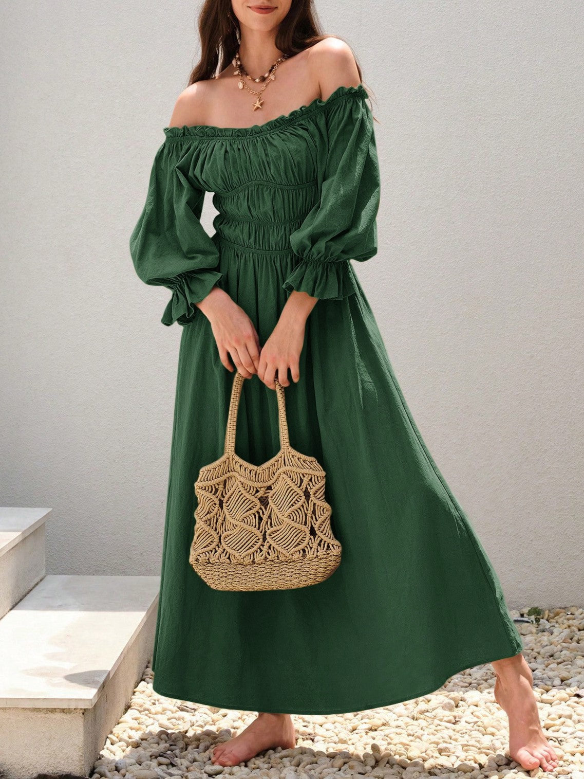 Off Shoulder Smocked Cotton Maxi Dress - Green - 1