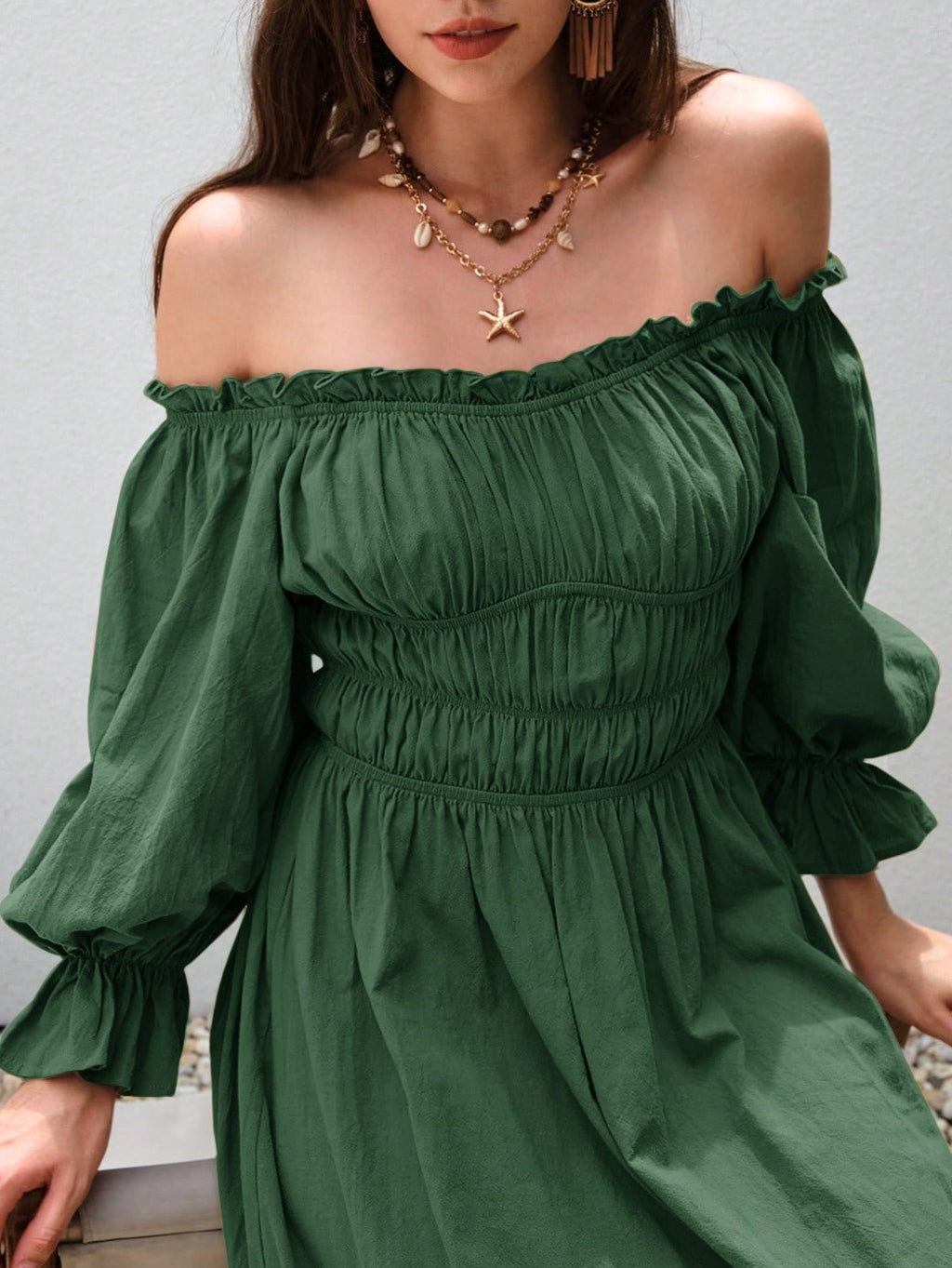 Off Shoulder Smocked Cotton Maxi Dress - Green - 2