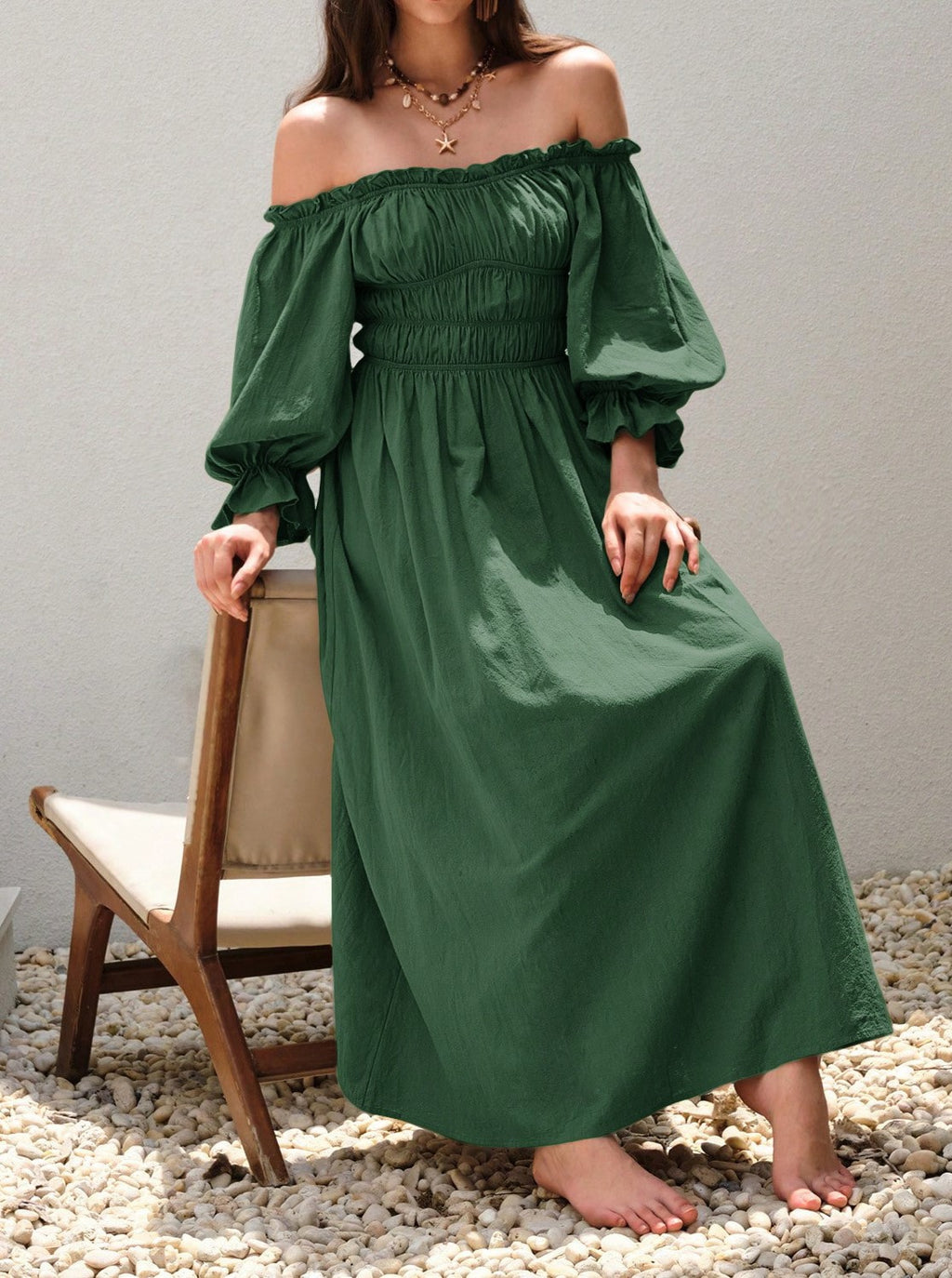 Off Shoulder Smocked Cotton Maxi Dress - Green - 3