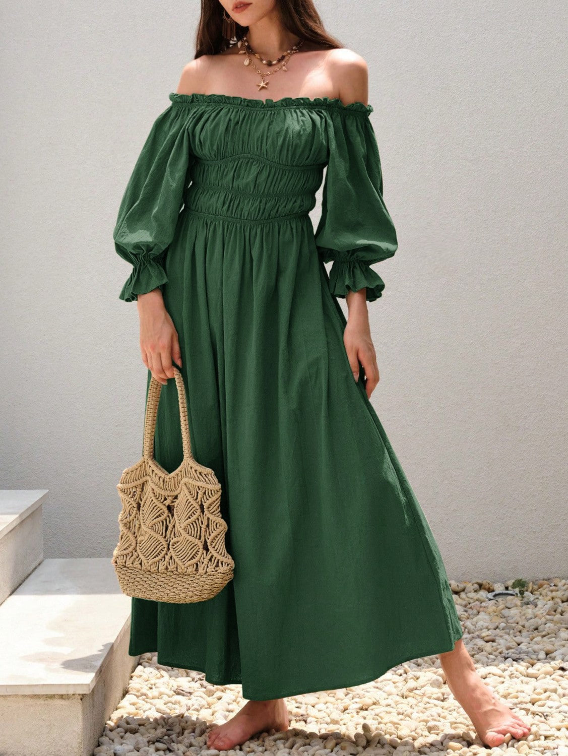Off Shoulder Smocked Cotton Maxi Dress