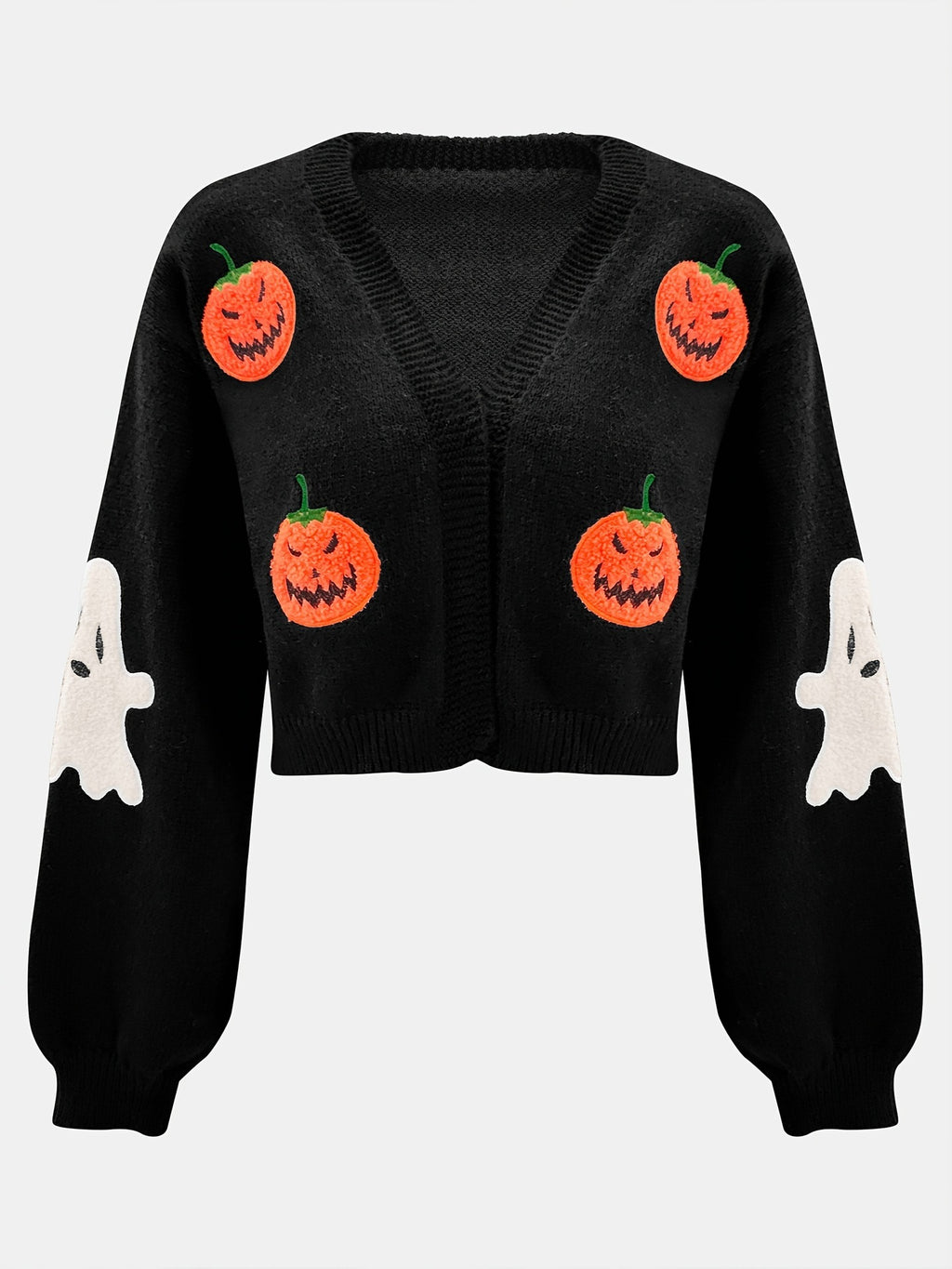 Jack-O-Lantern Cropped Knit Sweater with Ghost Sleeves - Black - 1