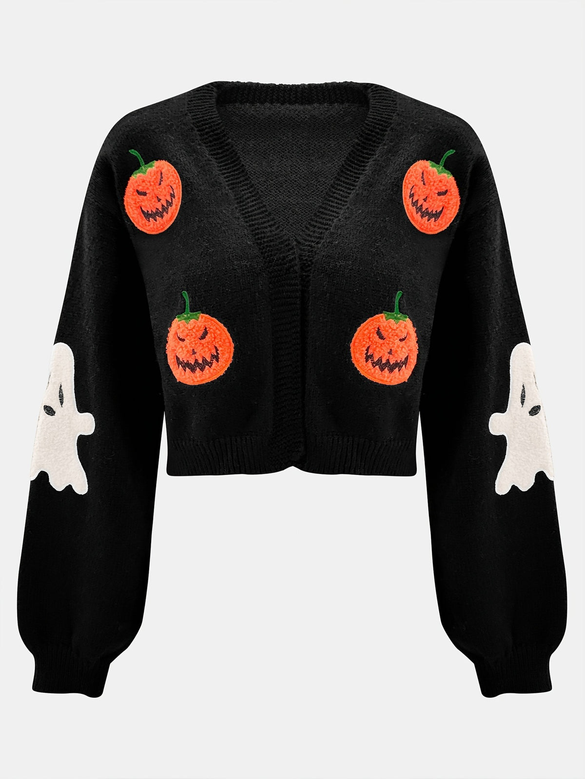 Jack-O-Lantern Cropped Knit Sweater with Ghost Sleeves - Black - 1