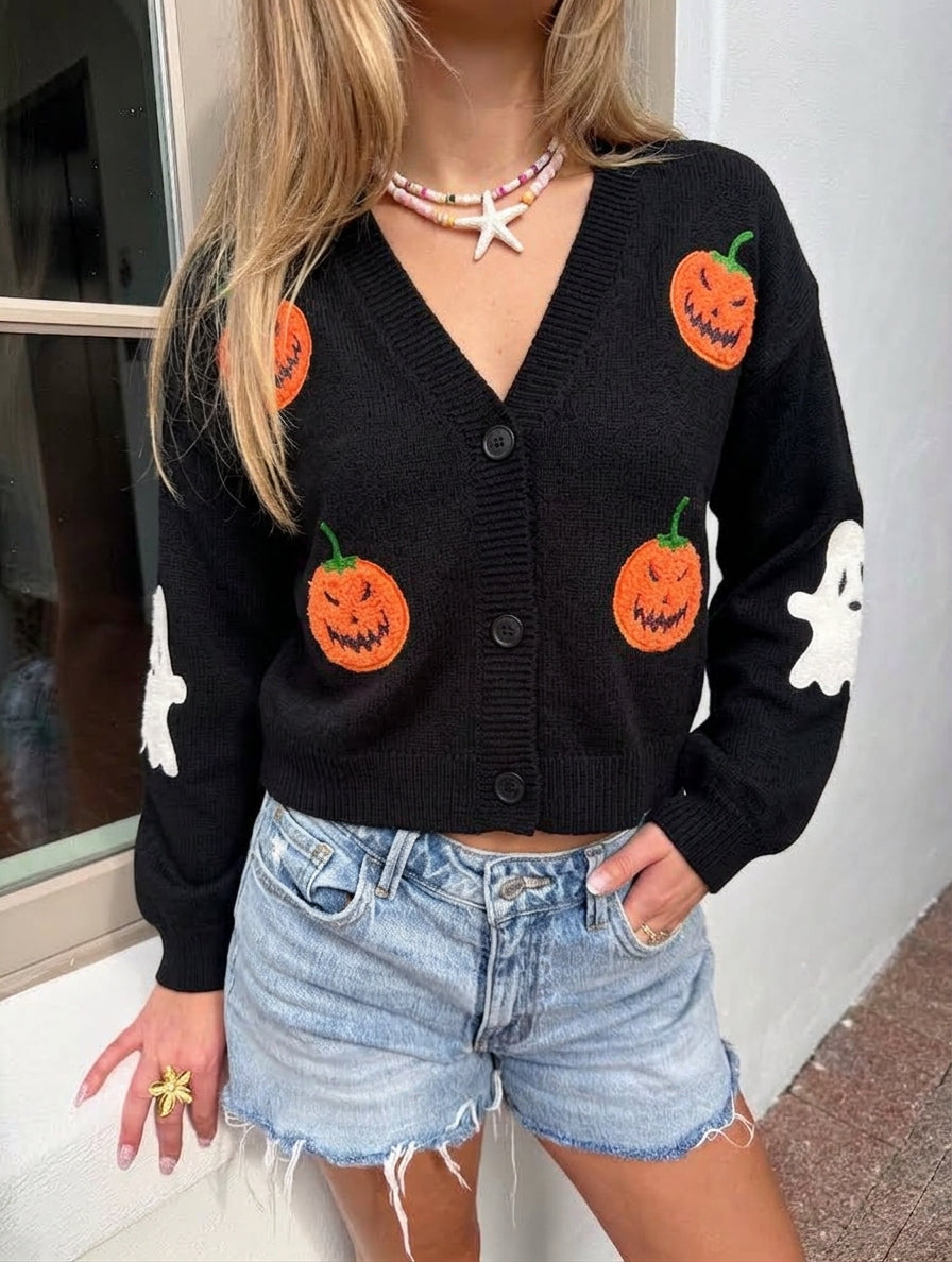 Jack-O-Lantern Cropped Knit Sweater with Ghost Sleeves - Black - 10