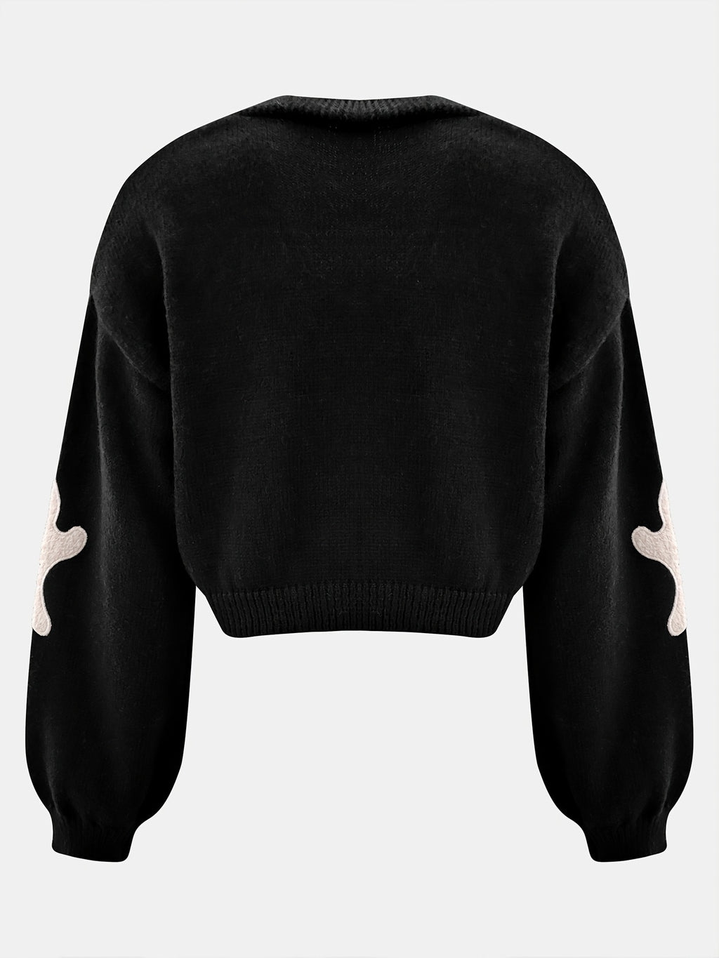 Jack-O-Lantern Cropped Knit Sweater with Ghost Sleeves - Black - 2
