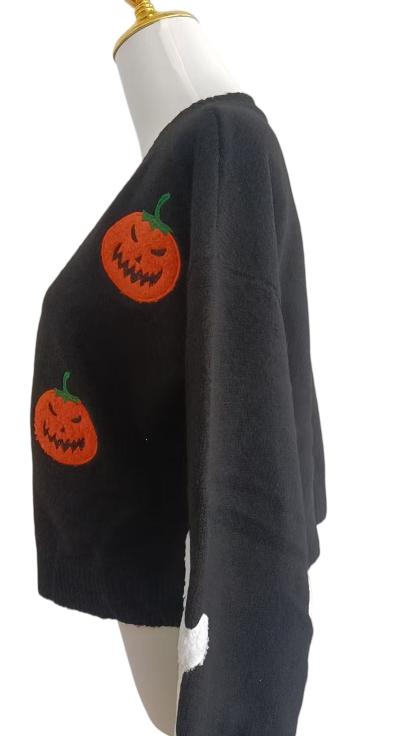 Jack-O-Lantern Cropped Knit Sweater with Ghost Sleeves - Black - 5