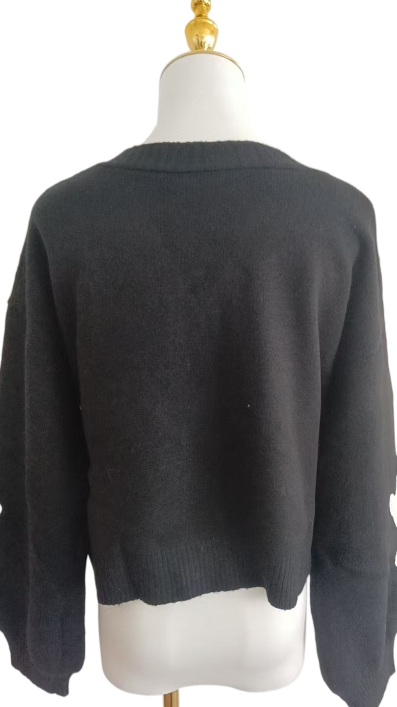Jack-O-Lantern Cropped Knit Sweater with Ghost Sleeves - Black - 6