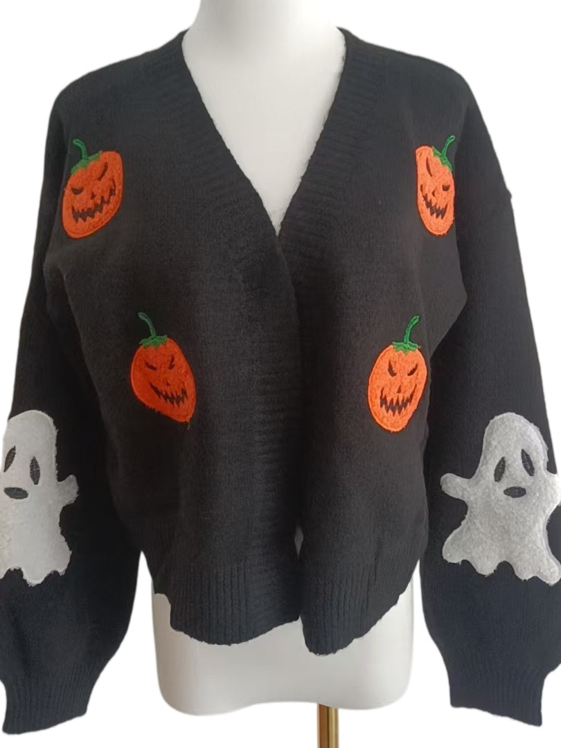 Jack-O-Lantern Cropped Knit Sweater with Ghost Sleeves - Black - 7