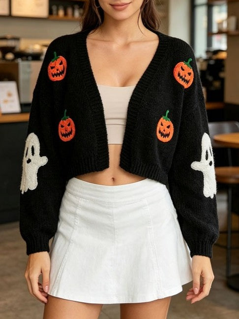 Jack-O-Lantern Cropped Knit Sweater with Ghost Sleeves - Black - 9