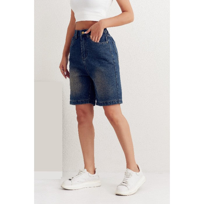 Tinted Vintage Wash High Waist Denim Bermuda Shorts - Vintage Blue