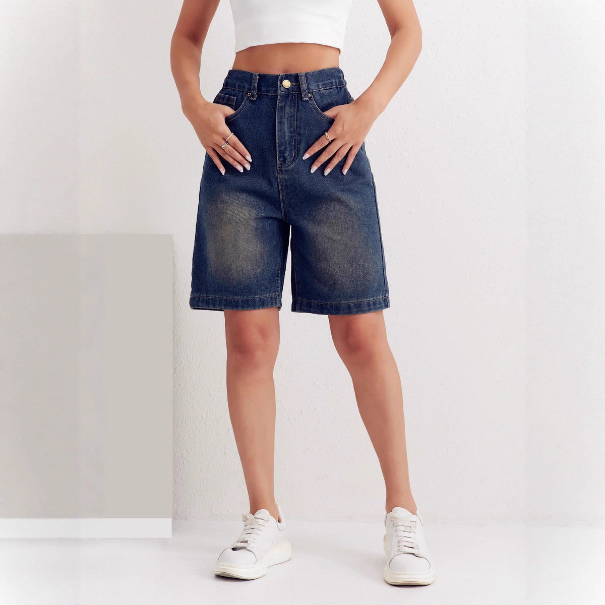 Tinted Vintage Wash High Waist Denim Bermuda Shorts