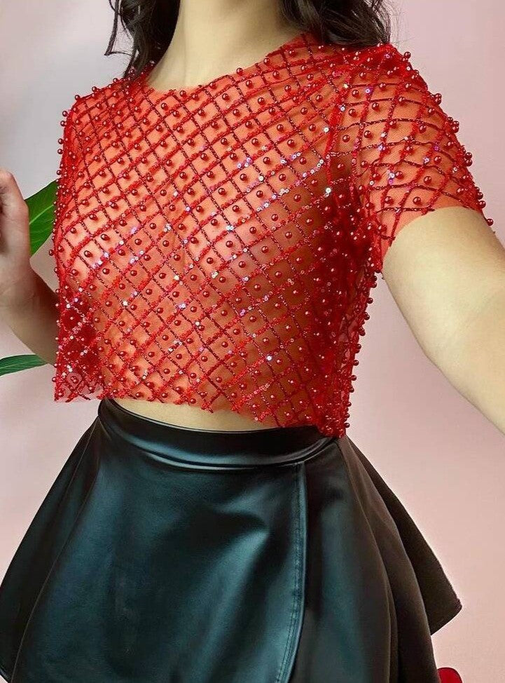 Beaded Lattice Mesh Short Sleeve Crop Top - Red