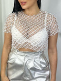 Beaded Lattice Mesh Short Sleeve Crop Top - White