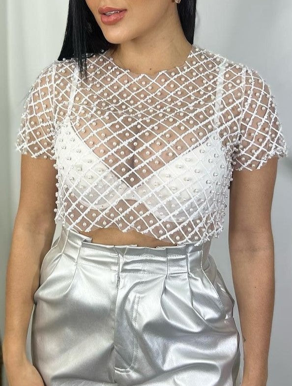 Beaded Lattice Mesh Short Sleeve Crop Top - White