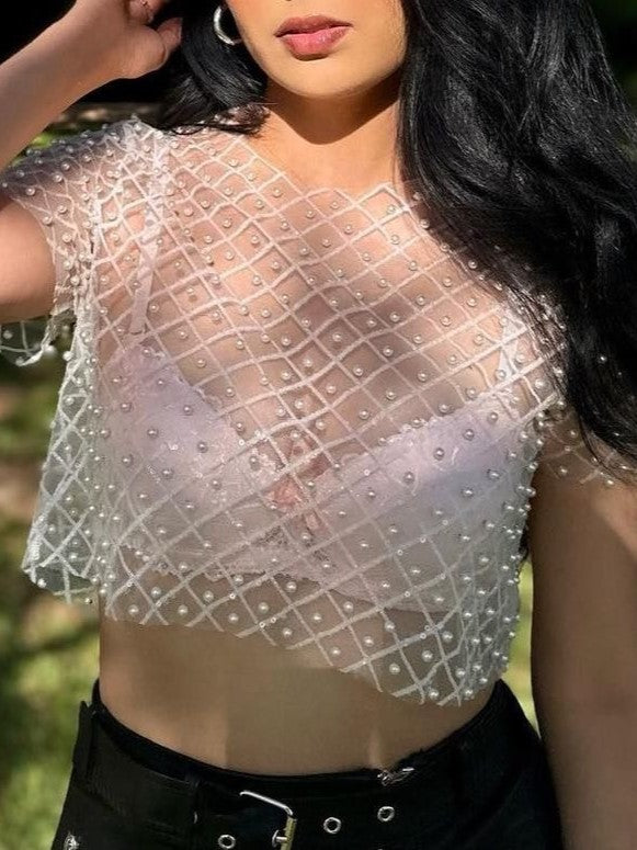 Beaded Lattice Mesh Short Sleeve Crop Top - White - 1