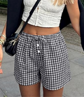 Gingham Check Elastic Waist Summer Shorts - Black