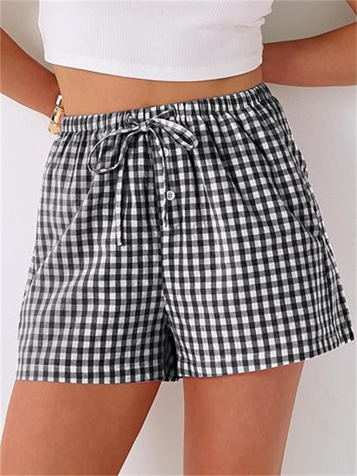 Gingham Check Elastic Waist Summer Shorts - Black - 1