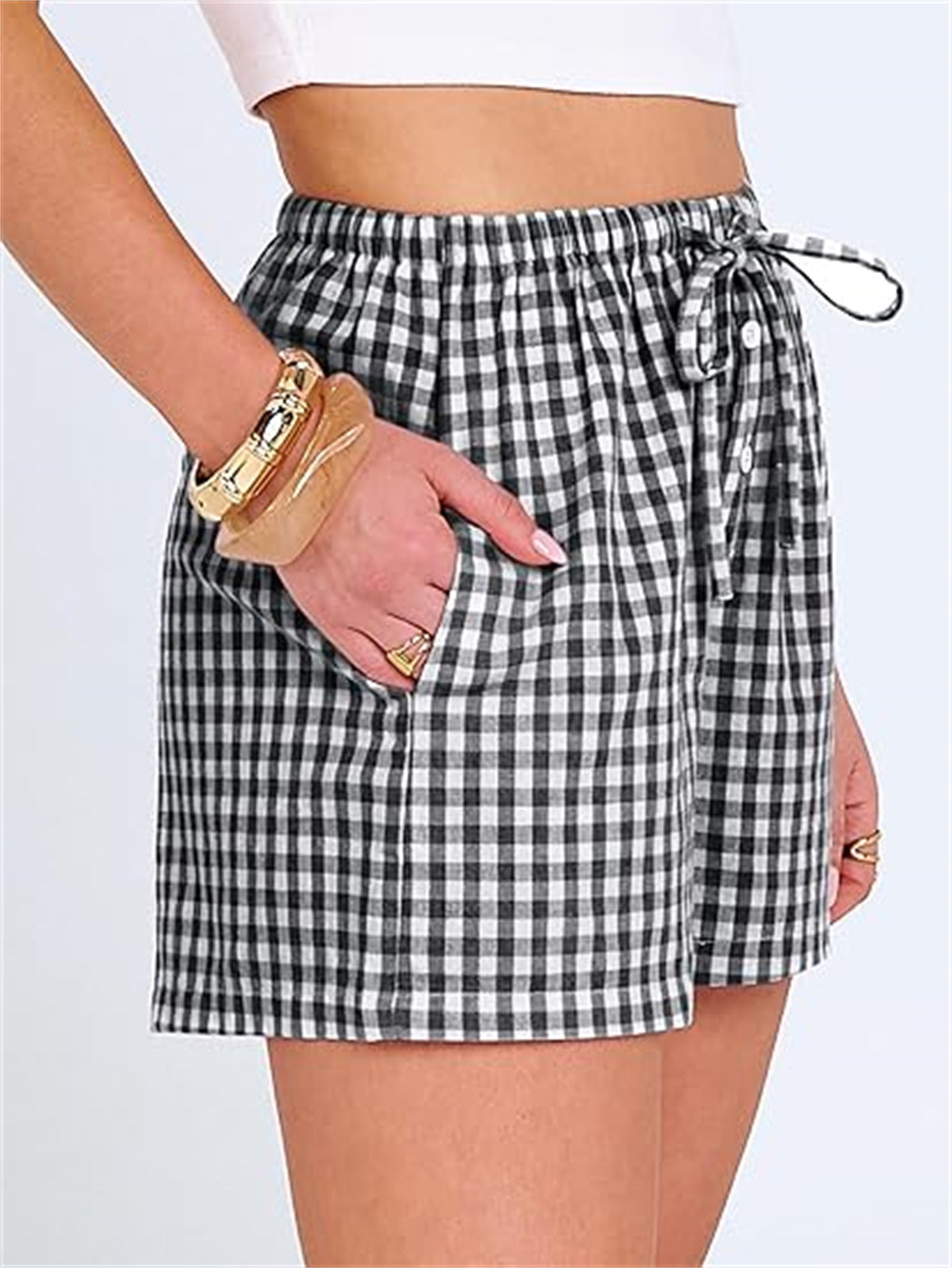 Gingham Check Elastic Waist Summer Shorts - Black - 2